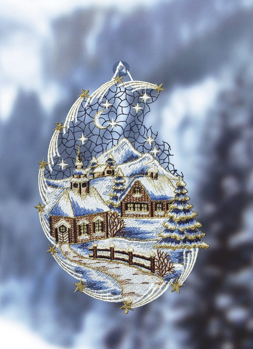 Raamhangers - Raamfoto sneeuwlandschap gemaakt van echte Plauener Spitze, in Farbe WIT-BRUIN