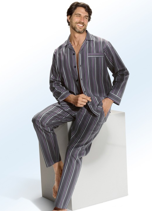 Pyjama's - Pyjama, doorgeknoopt, gemaakt van geweven stof met een gestreept dessin, in Größe 046 bis 060, in Farbe GRAFIET-MEERKLEURIG Ansicht 1