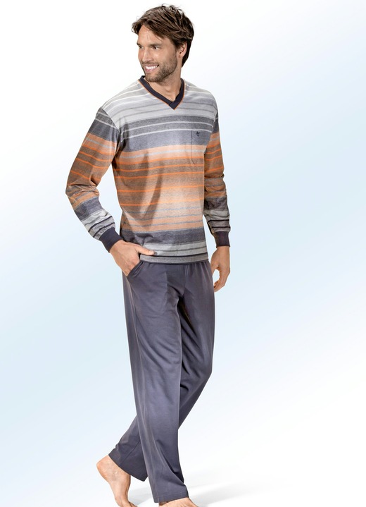 Pyjama's - Hajo Klima comfortpyjama met V-hals, borstzak en garengeverfd gestreept dessin, in Größe 046 bis 060, in Farbe GRAFIET-MEERKLEURIG