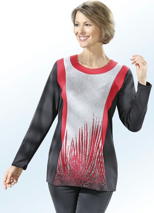Shirts - Blouse met contrasterende inzetten en sierdecoraties, in Größe 040 bis 060, in Farbe ZWART-GRIJS-ROOD