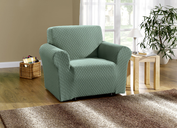 Sessel- & Sofaüberwürfe - Stretchbezüge mit schöner Strukturierung, in Größe 101 (Sesselbezug) bis 115 (4er-Set Stuhlbezüge), in Farbe GRÜN Ansicht 1