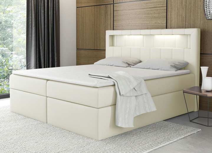 Boxspringbetten - Boxspringbett mit LED-Beleuchtung und Bettkasten, in Farbe CREME Ansicht 1