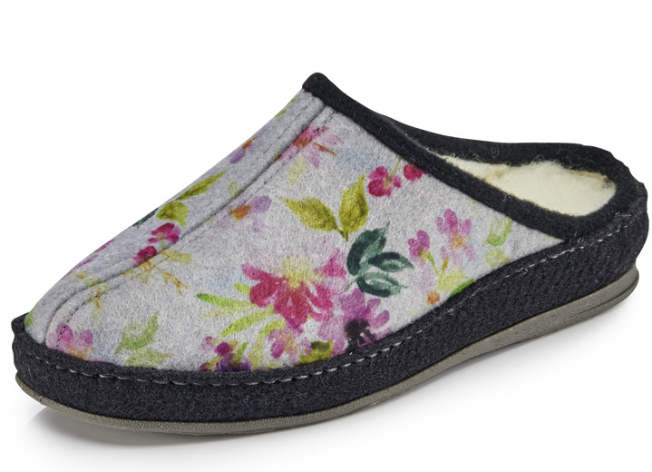 Huisschoenen - Slippers met kleurrijke bloemenprint, in Größe 036 bis 043, in Farbe GRIJS Ansicht 1