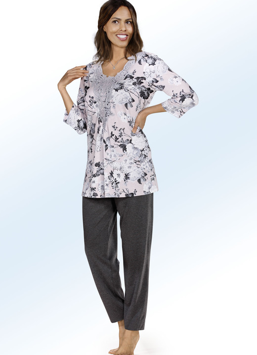 Nachtmode - Pyjama met kant en lange broek, in Größe 036 bis 054, in Farbe ROZE-ANTRACIET