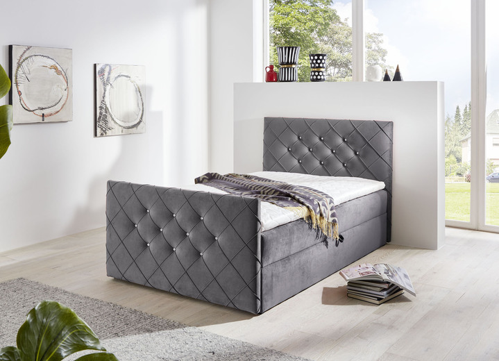 Boxspring - Boxspringbed met strass steentjes en topper, in Farbe GRIJS Ansicht 1