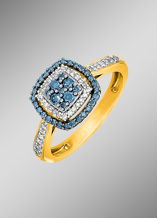 Elegante damesring met witte en blauwe diamanten