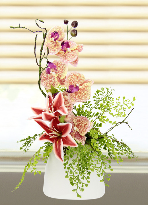Kunst- & textielplanten - Charmant orchideeënarrangement in een vaas, in Farbe ORANJE Ansicht 1