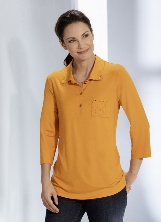 Shirts - Poloshirt met strassversiering op de polokraag in 2 kleuren, in Größe 036 bis 042, in Farbe MANDARIJN