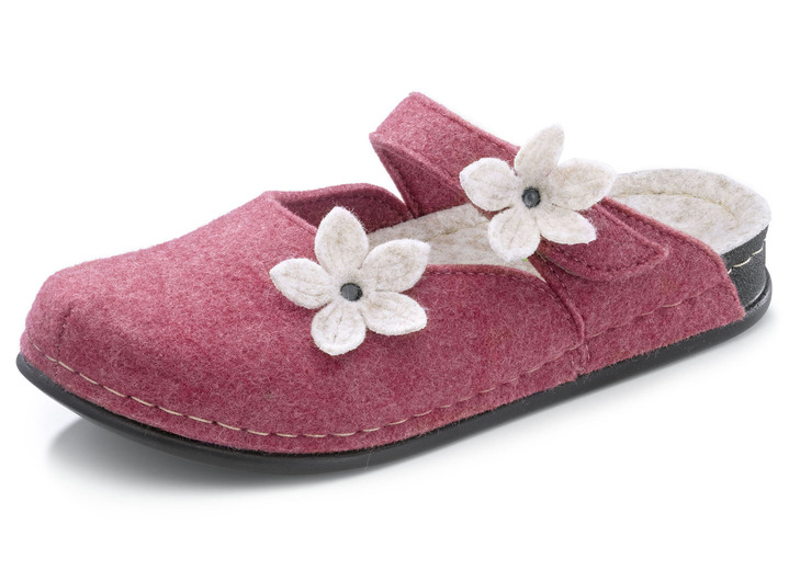 Huisschoenen - Slippers met leuke vilten bloemen, in Größe 036 bis 042, in Farbe PALISSANDER-ECRU