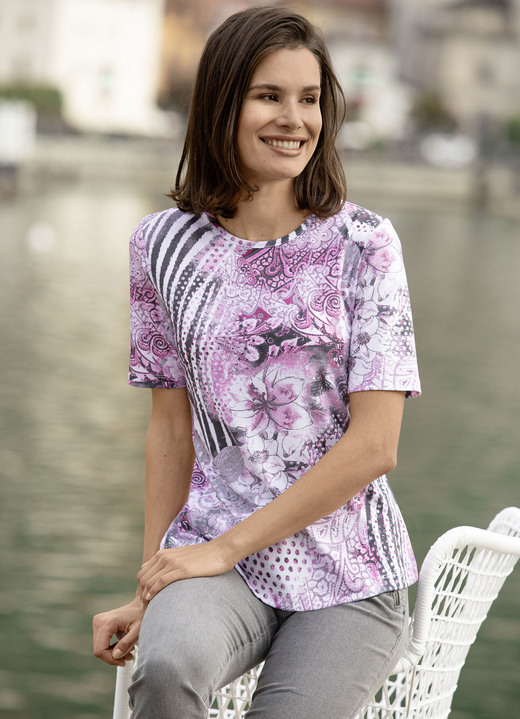 Korte mouw - Shirt met alloverdessin, in Größe 038 bis 054, in Farbe MARINE-ROSÉ-MULTICOLOR