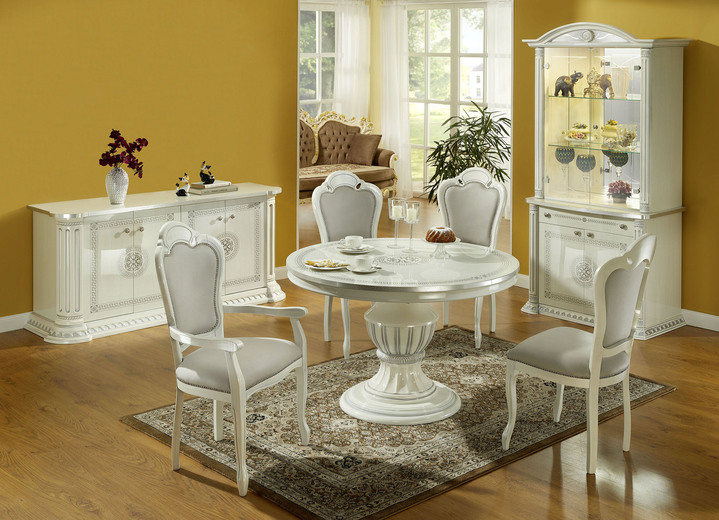 Vitrines - Stijlvol meubel met een hoogglans gelakt kunststof oppervlak, in Farbe WIT-ZILVER, in Ausführung EETTAFEL, RECHTHOEKIG