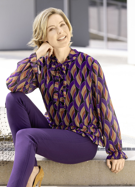 Lange mouw - Prachtige blouse met strikbandjes, in Größe 036 bis 050, in Farbe ZWART-PAARS-CAMEL Ansicht 1