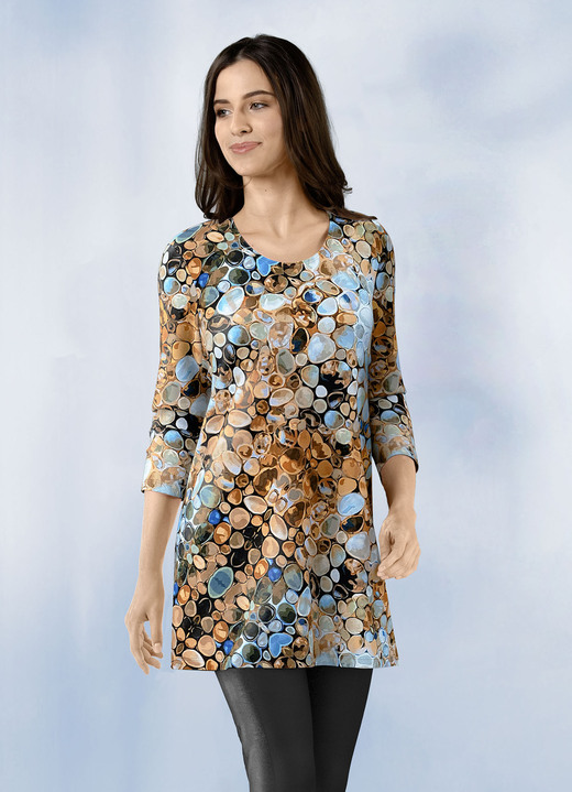 3/4-mouw - Longshirt met all-overprint, in Größe 036 bis 054, in Farbe BLAUW-BRUIN-ZWART