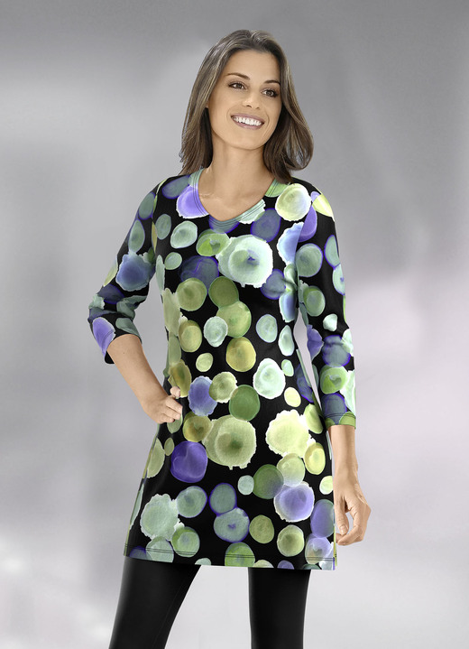 3/4-mouw - Lang shirt met felgekleurde all-over print, in Größe 038 bis 054, in Farbe ZWART-PAARS-GROEN