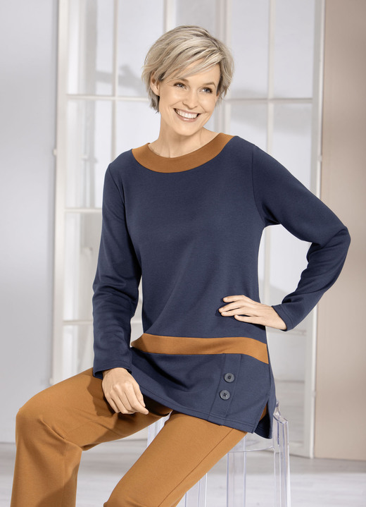 Lange mouw - Sweatshirt met contrastpaneel in 2 kleuren, in Größe 040 bis 056, in Farbe MARINE-CAMEL Ansicht 1