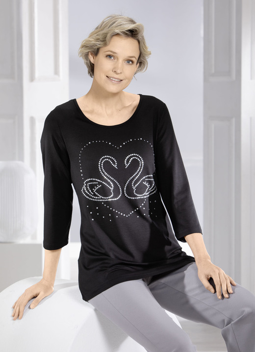 3/4-mouw - Shirt met elegante strassversiering in 2 kleuren, in Größe 038 bis 054, in Farbe ZWART Ansicht 1