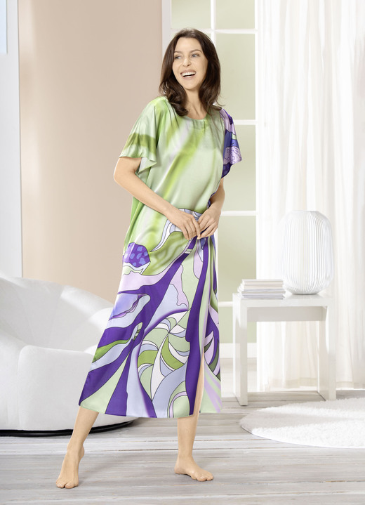 Hauskleider - Hauskleid, in Größe 036 bis 054, in Farbe GRÜN-LILA-BUNT