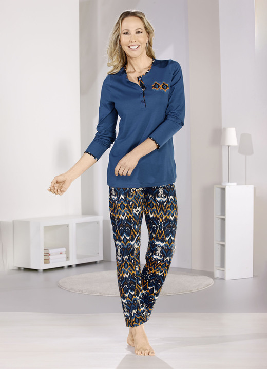 Pyjama's & shorties - Pyjama, lange mouwen en lange broek met elastische tailleband, in Größe 036 bis 058, in Farbe PETROL-ZWART-ORANJE-BEIGE Ansicht 1