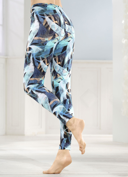 Leggings - Set van twee leggings met elastische tailleband, in Größe 038 bis 054, in Farbe 1X ZWART-TURQUOISE KLEURRIJK GEDRUKT, 1X ZWART