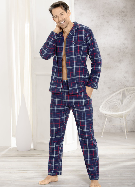 Pyjama's - Pyjama met knoopsluiting en reverskraag, in Größe 046 bis 060, in Farbe MARINE-ROT-GRAU