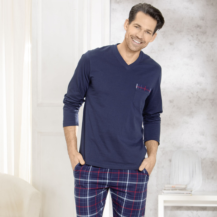 Pyjama's - Pyjama met V-hals en borstzak, in Größe 046 bis 060, in Farbe MARINE-ROT-GRAU Ansicht 1