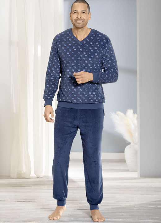 Pyjama's - Pyjama van stretch badstof met manchetten, in Größe 046 bis 060, in Farbe MARINE-BLAUW Ansicht 1