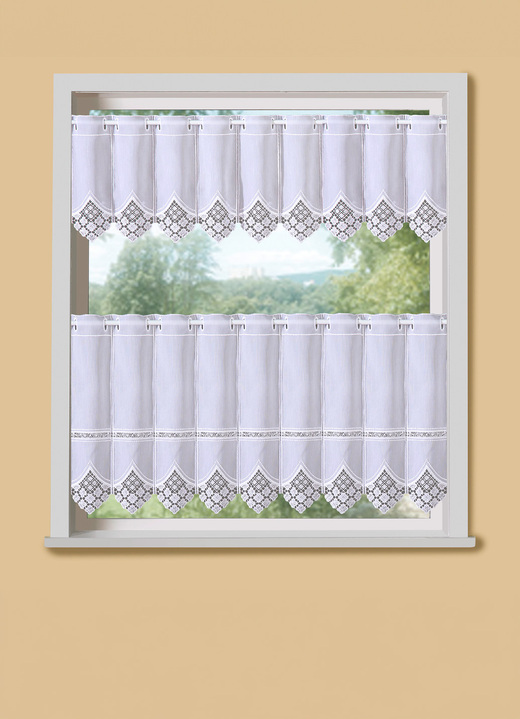 Korte gordijnen - Korte jaloezieën met elegante macramékant en staafdoorvoer, in Größe 661 (H 30 x B 90 cm) bis 861 (H 60 x B 150 cm), in Farbe WIT Ansicht 1