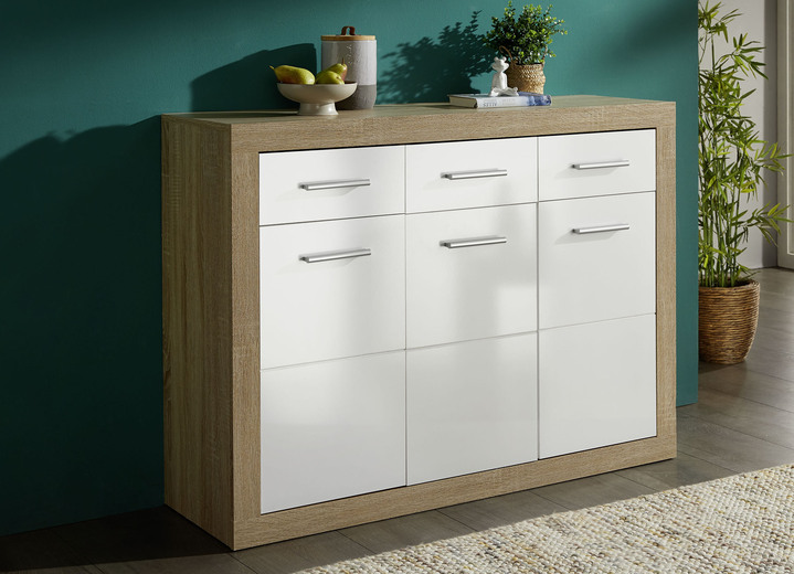 Sideboards - Dressoirprogramma met onderhoudsvriendelijke oppervlakken, in Farbe EICHE SONOMA-WEISS, in Ausführung met 3 deur, 3 lades Ansicht 1