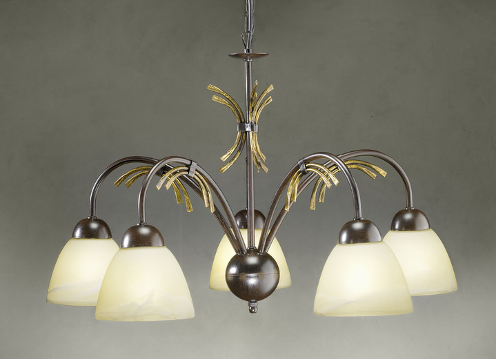 Plafondverlichting - Hanglamp, 5-lichts, met ijzeren frame, in Farbe ZWART-ROEST-GOUD