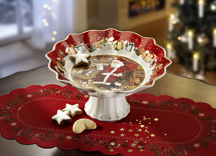 Weihnachten - Schale auf Fuß aus hochwertigem Porzellan, in Farbe WEISS-ROT