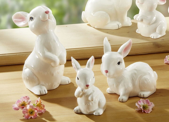 - Keramieken konijnenbeeldjes, in Farbe WIT-ROZE, in Ausführung set van 3 stuks, staand Ansicht 1