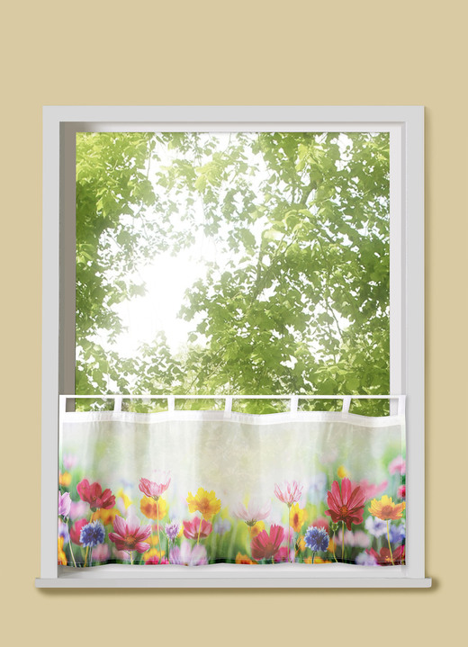 Korte gordijnen - Kort gordijn bloemenweide van digitaal bedrukte voile, in Größe 784 (45 x 90 cm) bis 858 (60 x 120 cm), in Farbe MEERKLEURIG Ansicht 1