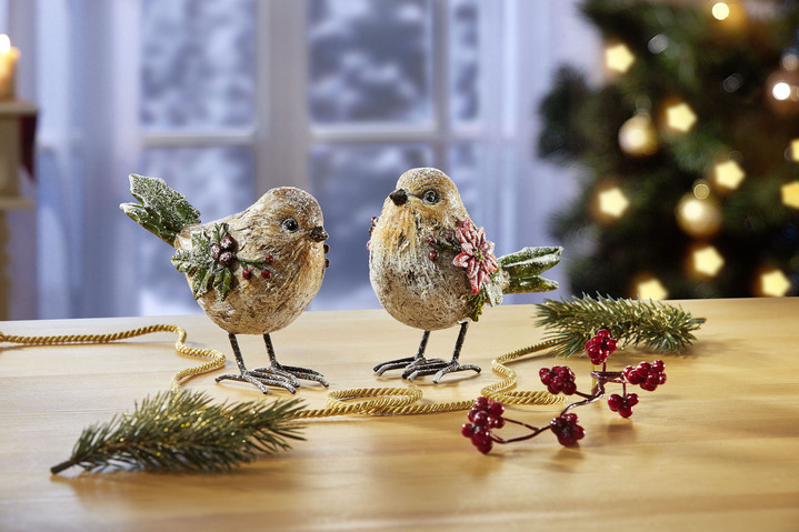 Kerstdecoraties - Vogels, set van 2, gemaakt van polyresin, in Farbe WIT-GEEL-GROEN