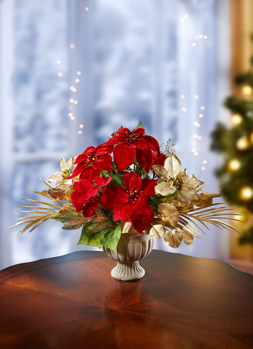 Kerstmis - Poinsettia/hortensia arrangement in keramieken beker, in Farbe ROOD-GOUD Ansicht 1